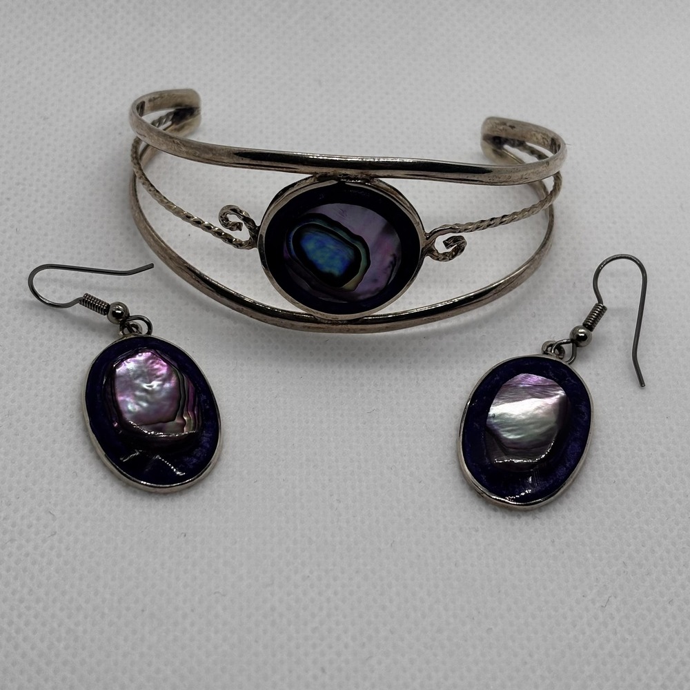 Mexico‎ Abalone Shell Cuff Bracelet & Dangle Earrings Set Purple Inlay